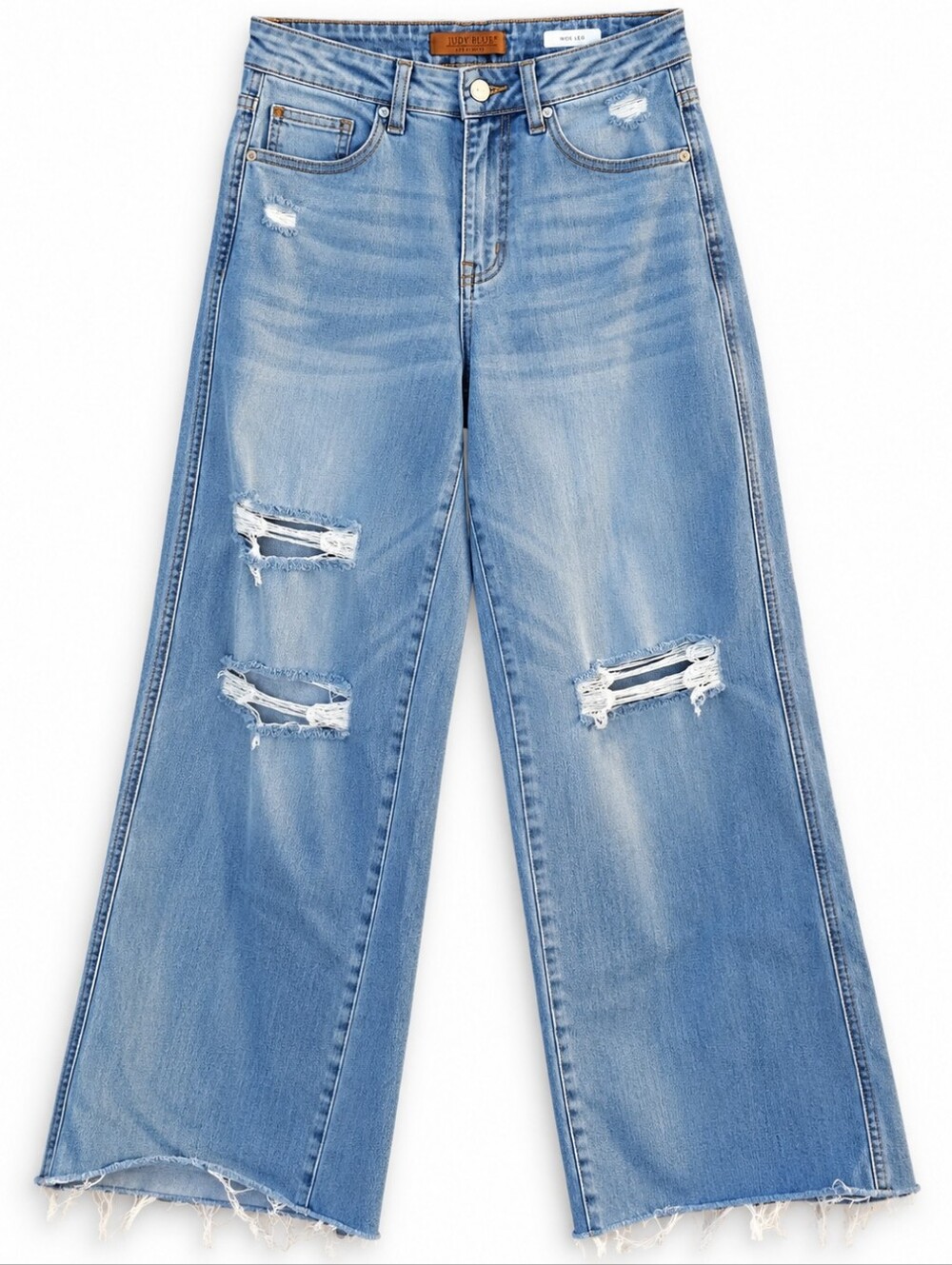 Judy Blue Jeans Womens 7/28 Wide Leg Distressed Light Wash Raw Hem High Rise